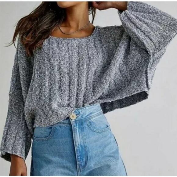 Free People Gray Good Day Cropped Sweater Size Medium - Picture 1 of 8